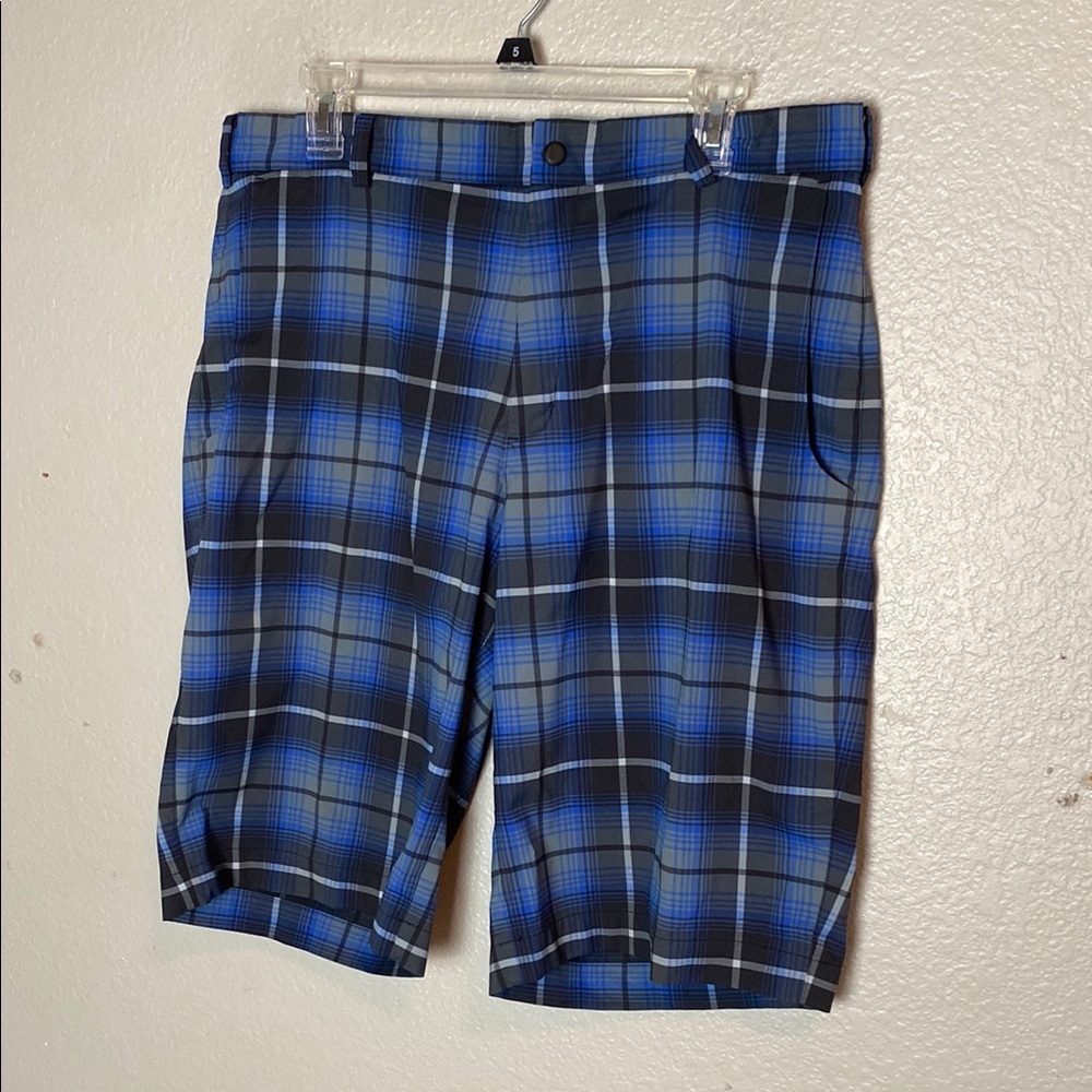 Blue and Black Flat Front Plaid Shorts